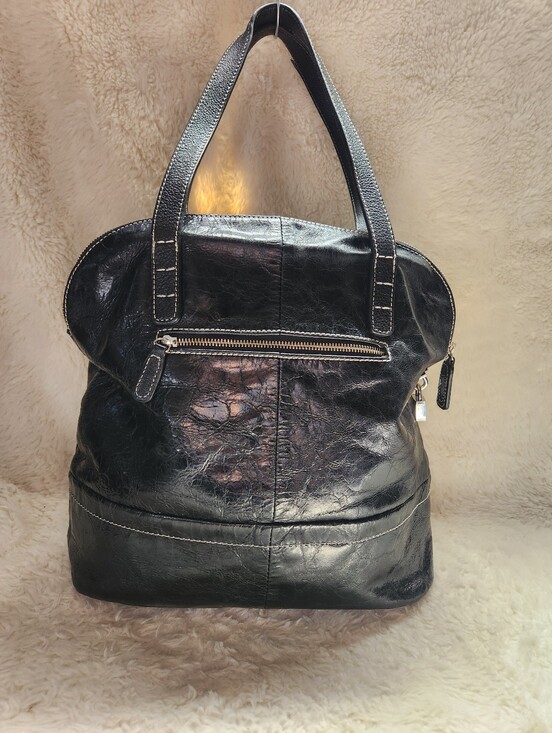 Danier Handbags - Danier Black Crinkle Leather Tote Shoulder Bag Lock Contrast Stitch Y2K Grunge